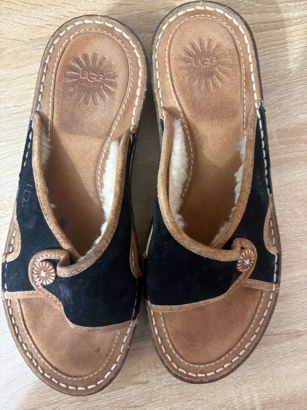UGG Black Suede & Chestnut Leather Slip-On Mules
